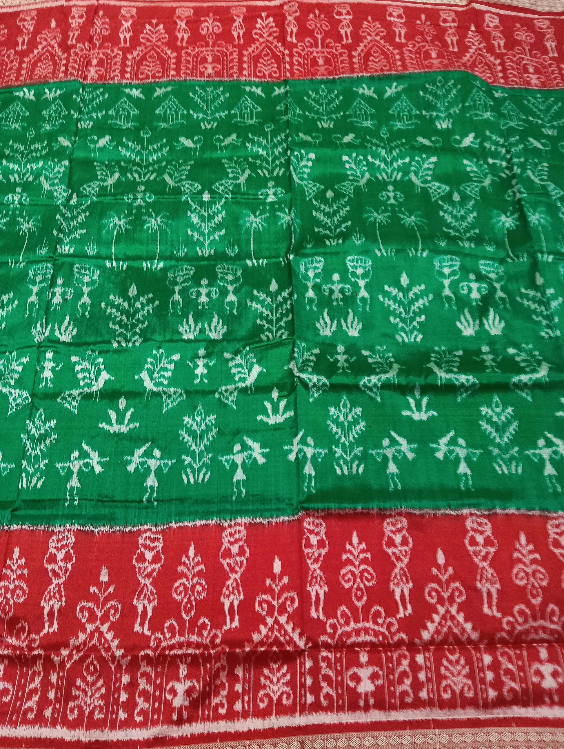 Green red sambalpuri silk patta Saree - Tilottama