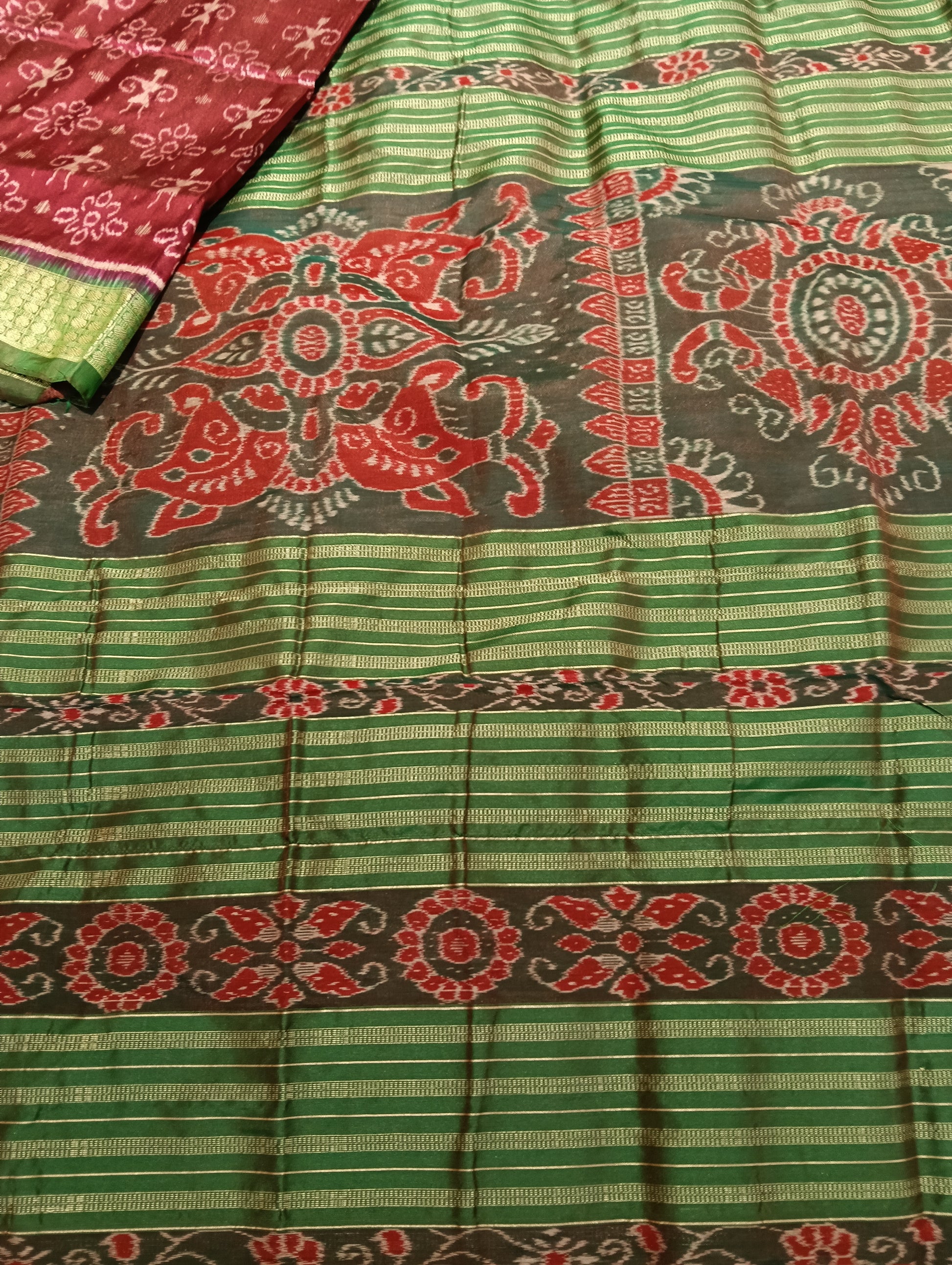 Onion red green sambalpuri silk patta saree - Tilottama