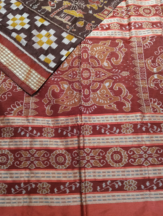 Coffee maroon Sambalpuri silk patta saree - Tilottama