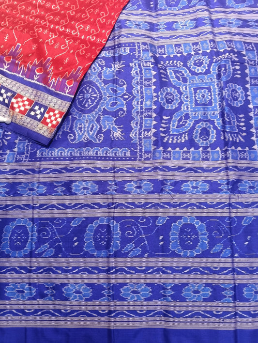 Red blue sambalpuri silk patta saree - Tilottama