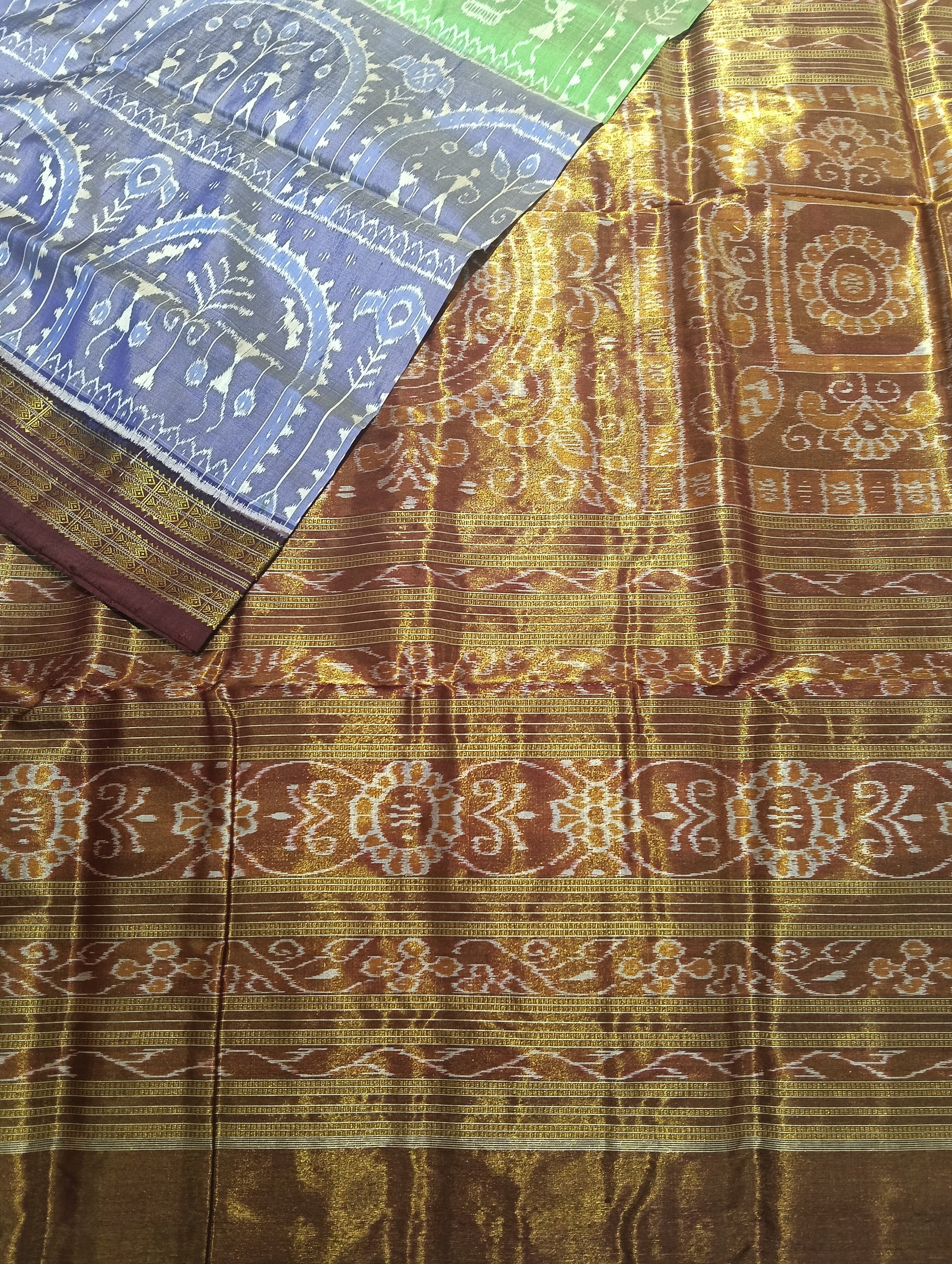 Lime blue azure half tissue silk sambalpuri saree - Tilottama