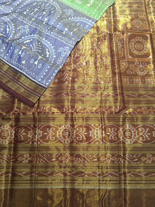 Lime blue azure half tissue silk sambalpuri saree - Tilottama