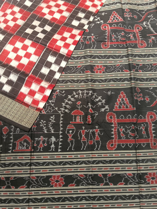 Black red white bichitrapuri sambalpuri patta saree - Tilottama