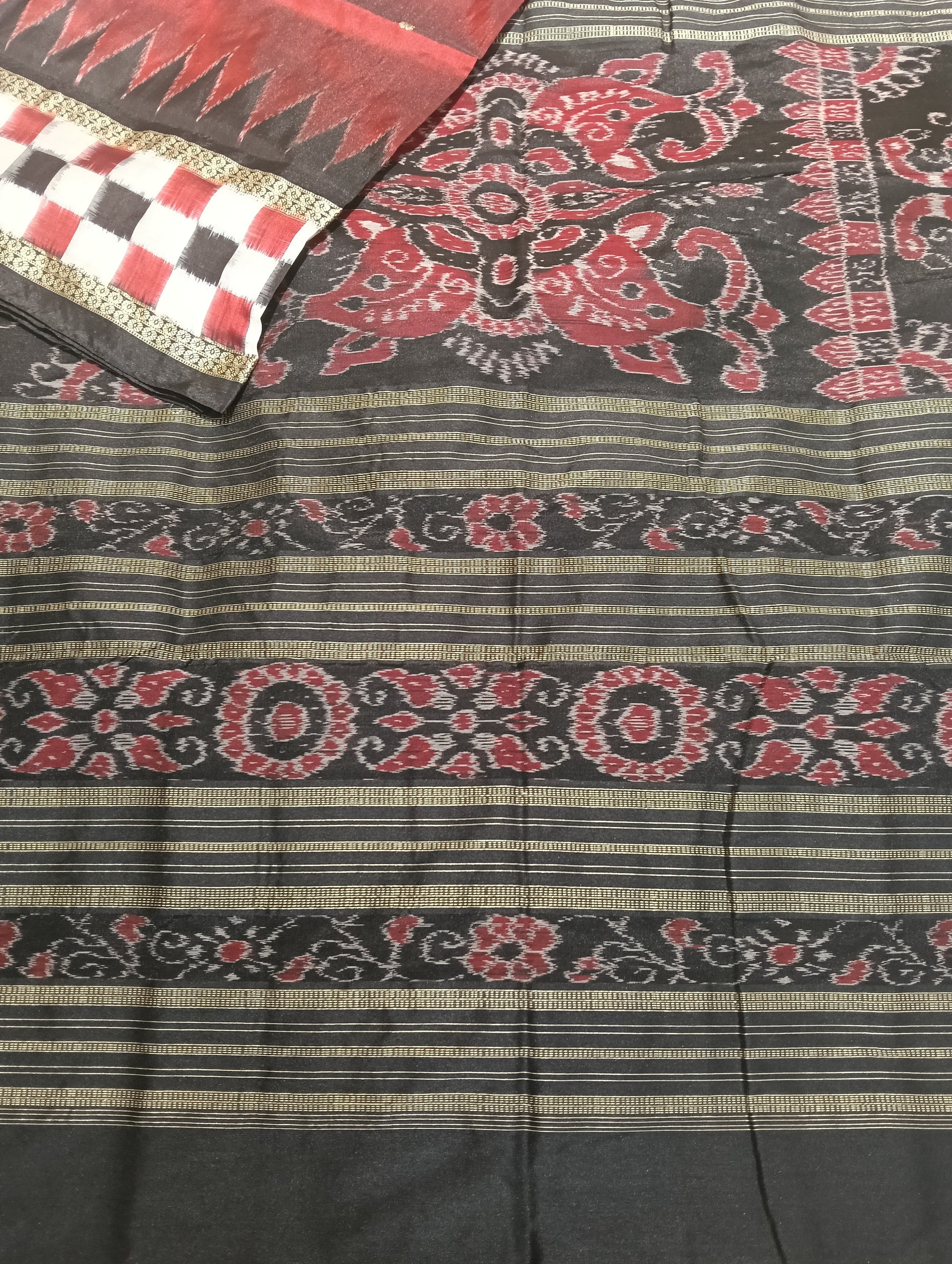 Maroon black sapta Border sambalpuri silk patta saree - Tilottama