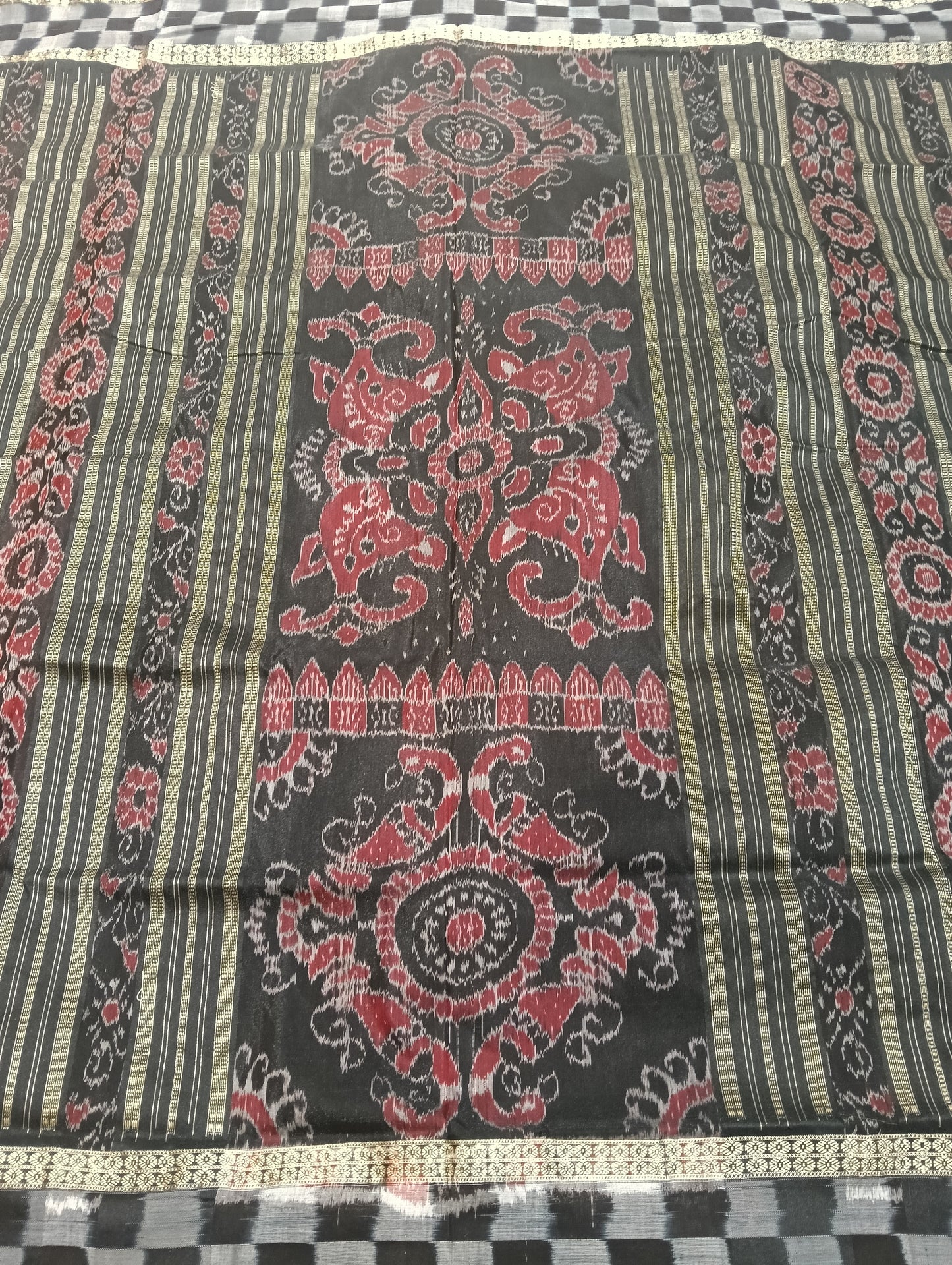 Maroon black sapta Border sambalpuri silk patta saree - Tilottama
