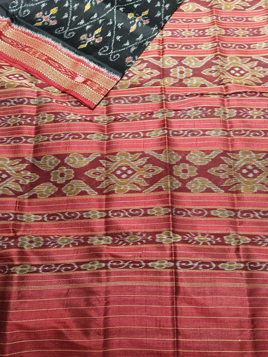 Black red khandua sambalpuri silk patta saree - Tilottama