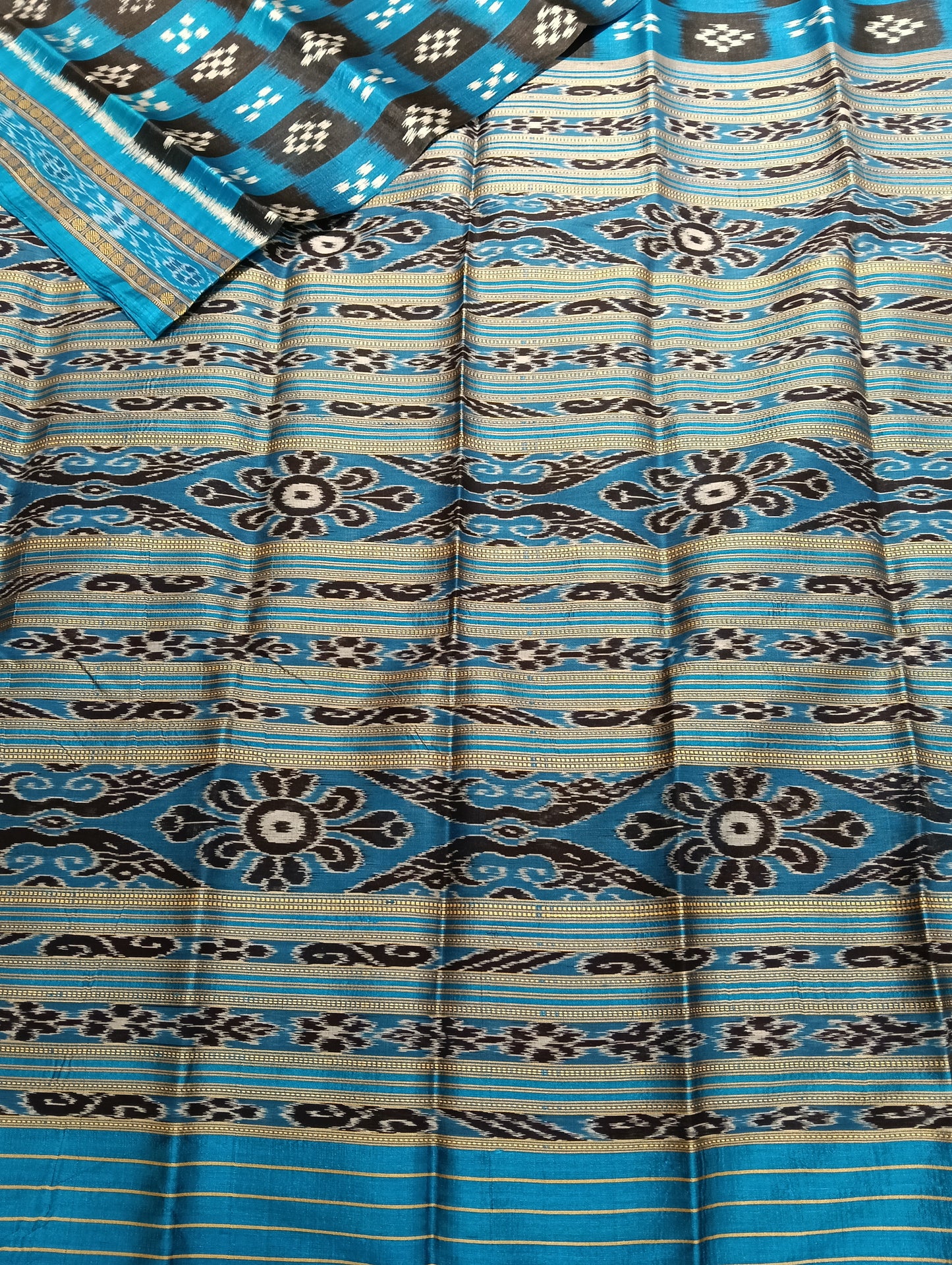 Sky black khandua sambalpuri silk patta saree - Tilottama