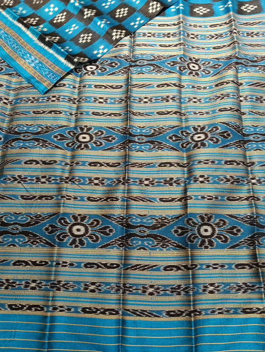 Sky black khandua sambalpuri silk patta saree - Tilottama
