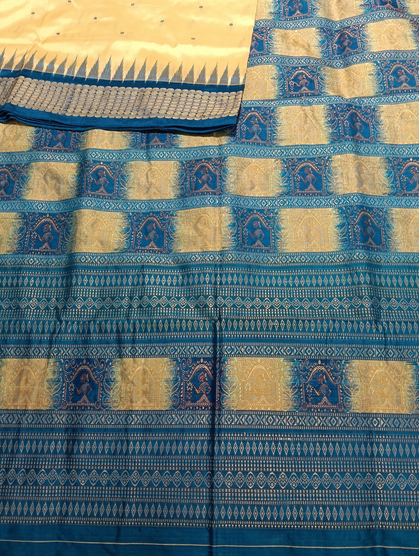 Cream sky sambalpuri silk patta saree - Tilottama
