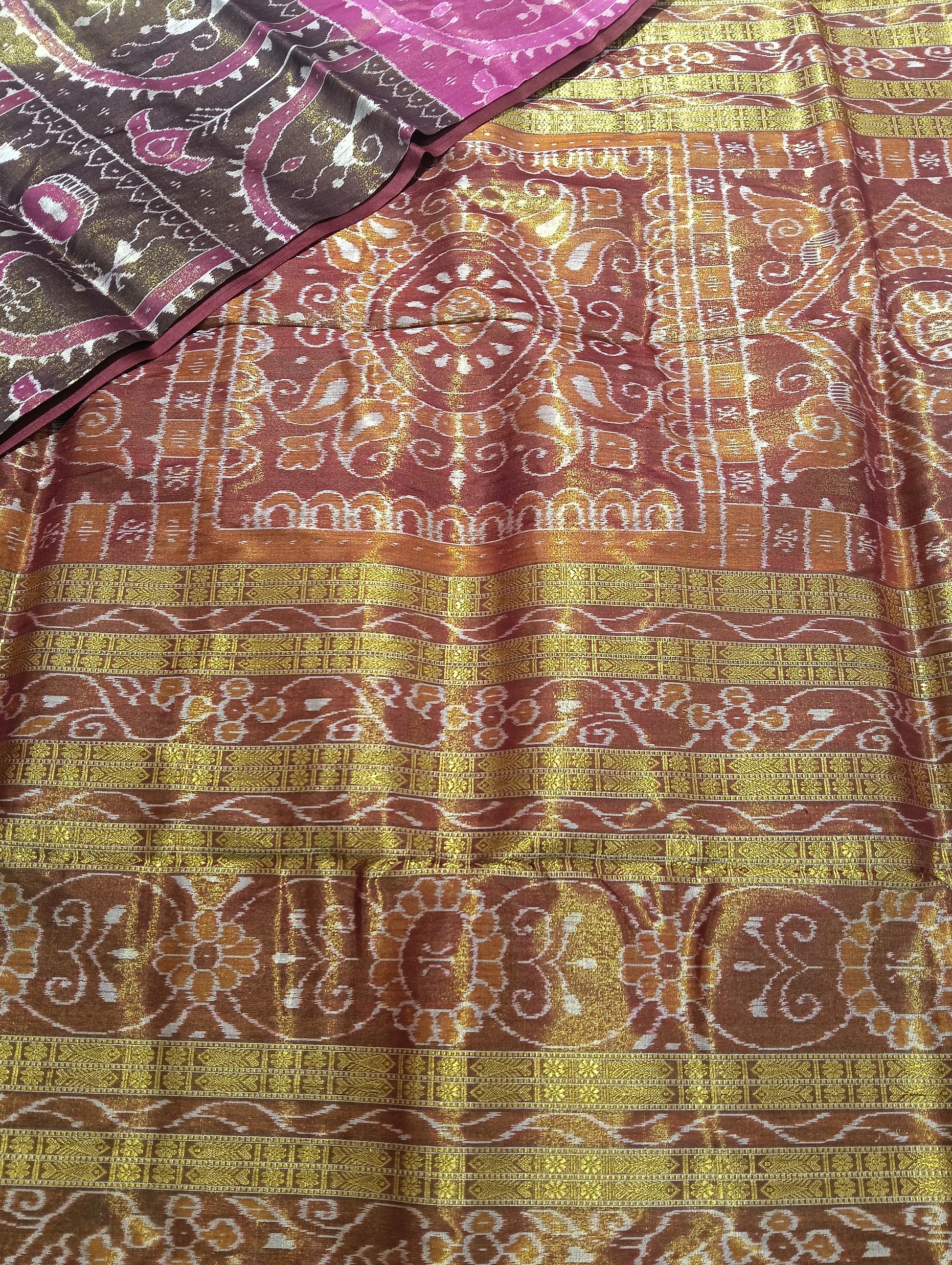 Pink brown sambalpuri silk tissue patta saree - Tilottama
