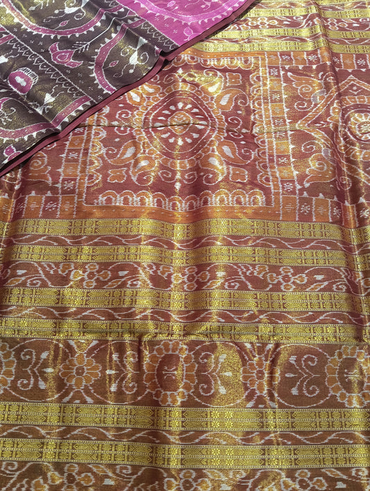 Pink brown sambalpuri silk tissue patta saree - Tilottama