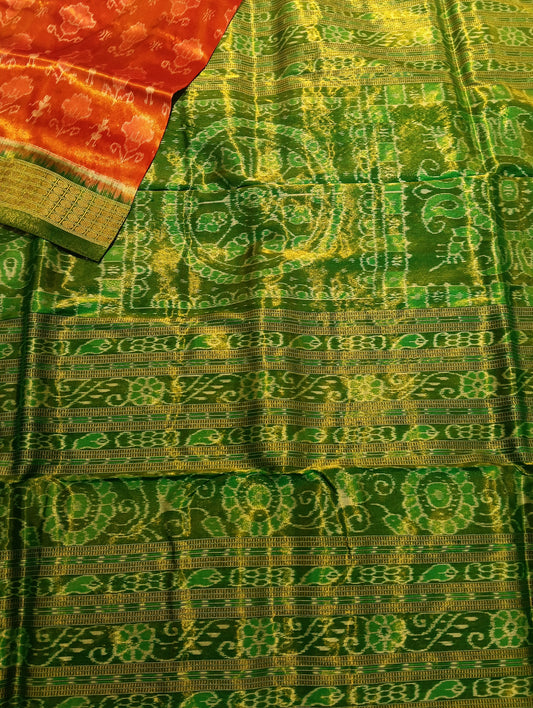 Orange green sambalpuri silk tissue patta saree - Tilottama