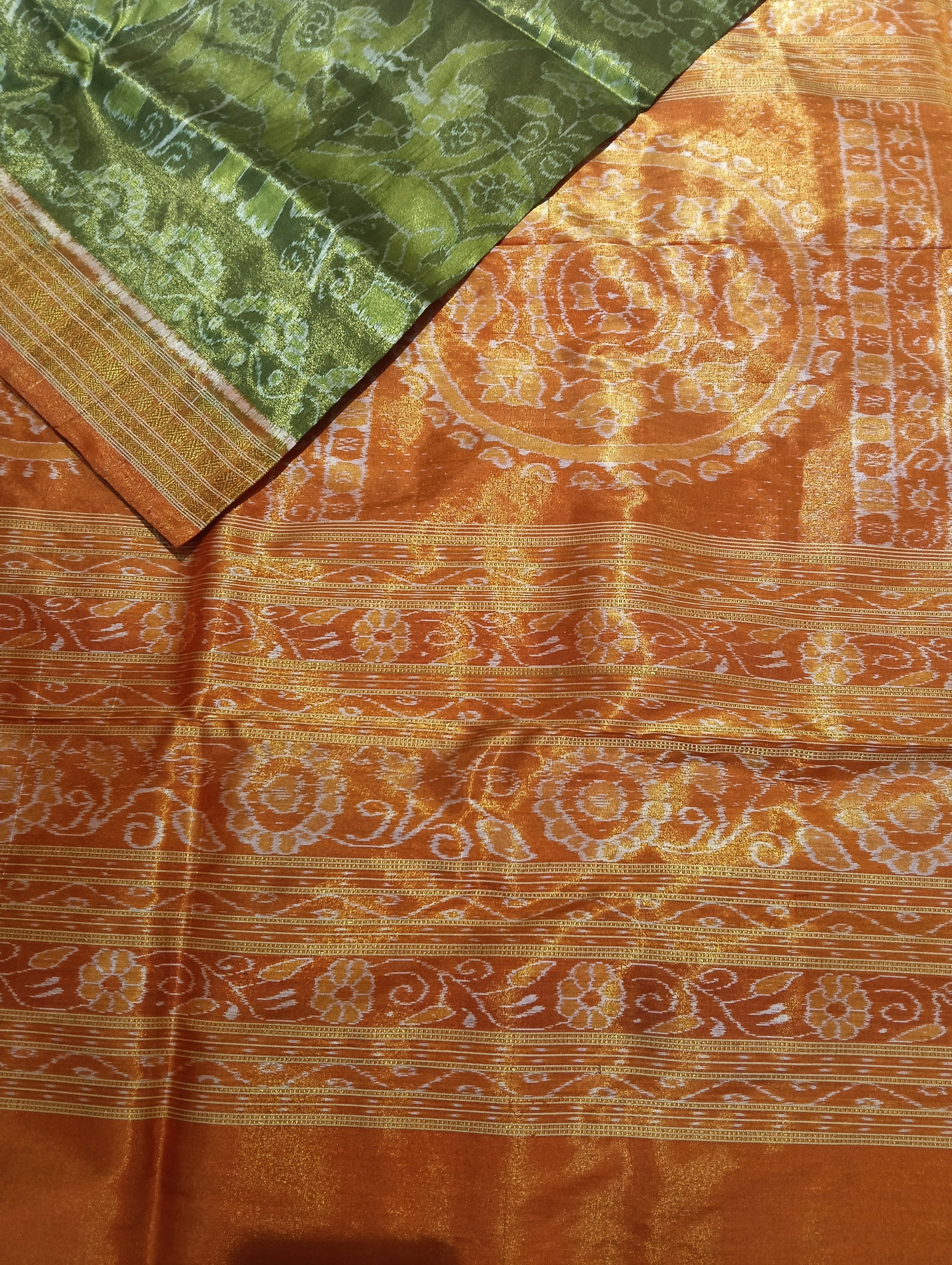 Chatni green Orange sambalpuri silk tissue patta saree - Tilottama