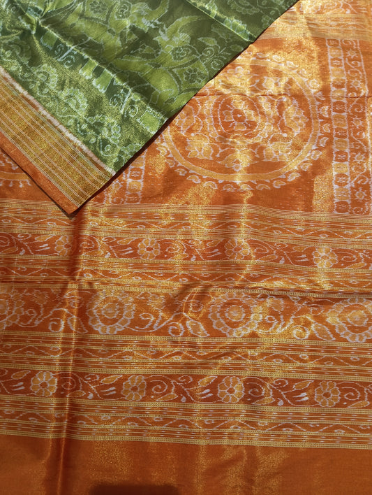 Chatni green Orange sambalpuri silk tissue patta saree - Tilottama