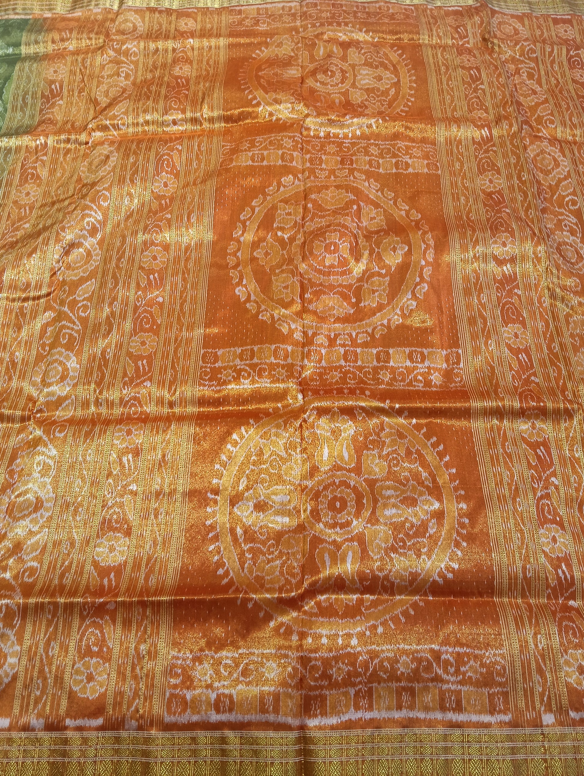Chatni green Orange sambalpuri silk tissue patta saree - Tilottama