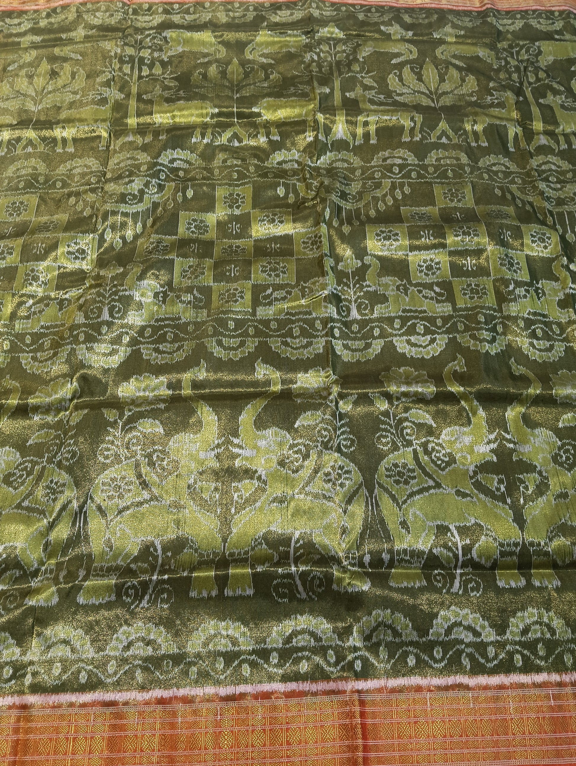Chatni green Orange sambalpuri silk tissue patta saree - Tilottama