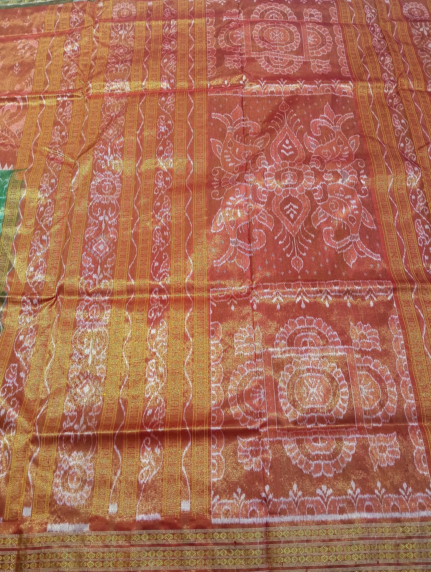 Orange green sambalpuri silk tissue patta saree - Tilottama