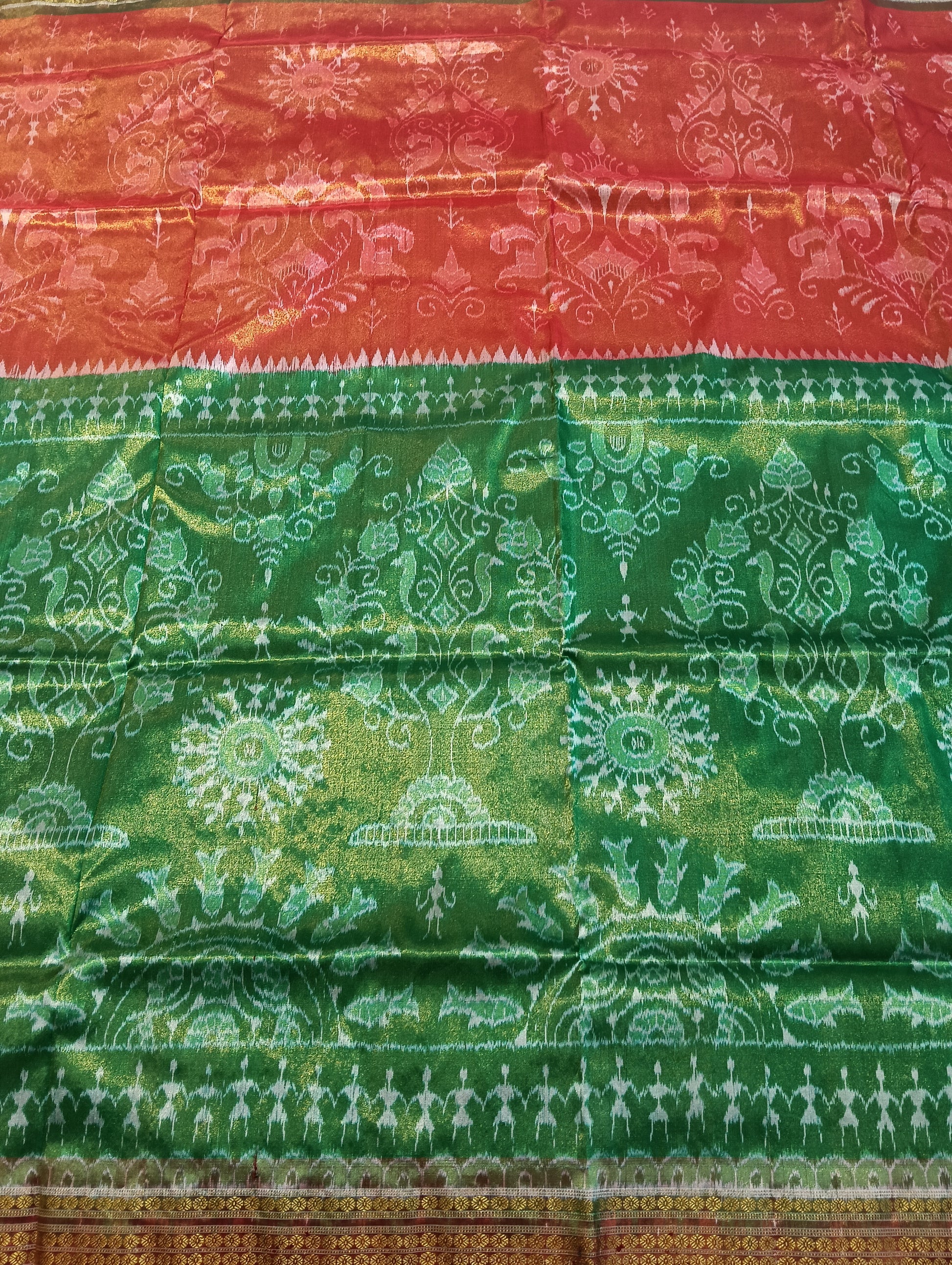 Orange green sambalpuri silk tissue patta saree - Tilottama