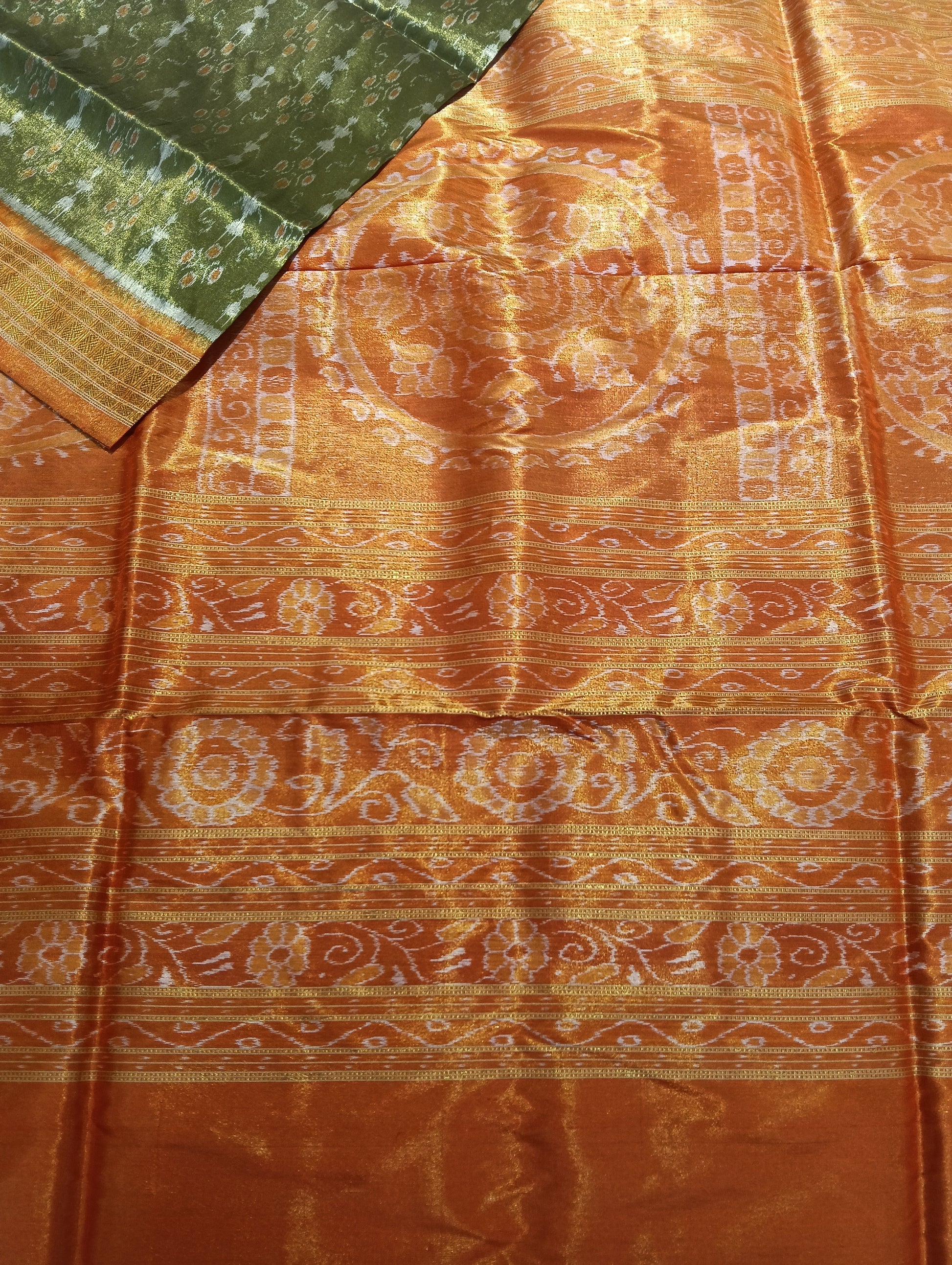 Raw mehendi orange sambalpuri silk tissue patta saree - Tilottama