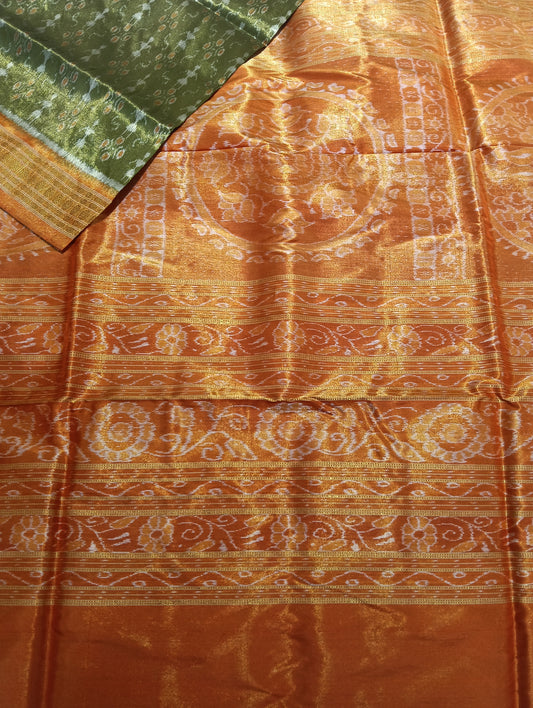 Raw mehendi orange sambalpuri silk tissue patta saree - Tilottama