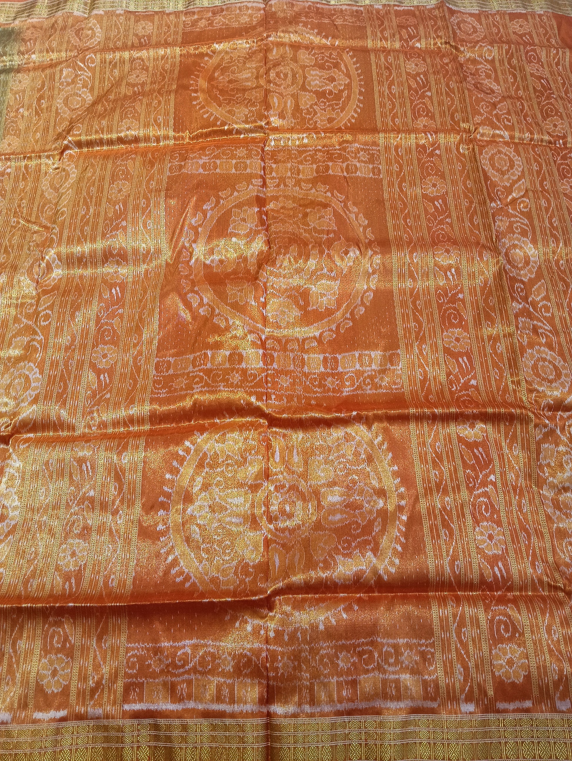 Raw mehendi orange sambalpuri silk tissue patta saree - Tilottama