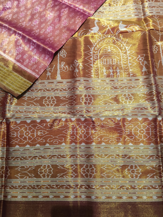 Pink Brown sambalpuri silk tissue patta saree - Tilottama