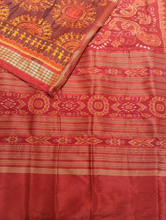 Marron yellow sambalpuri silk saree - Tilottama