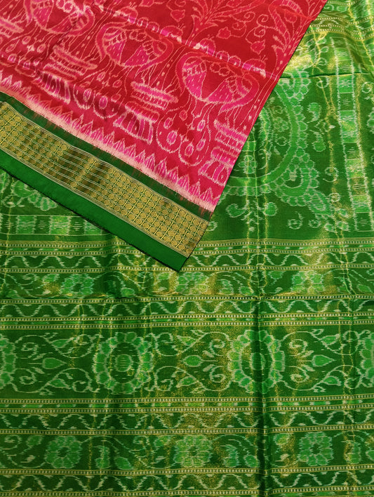 Pink green sambalpuri half tissue silk saree - Tilottama
