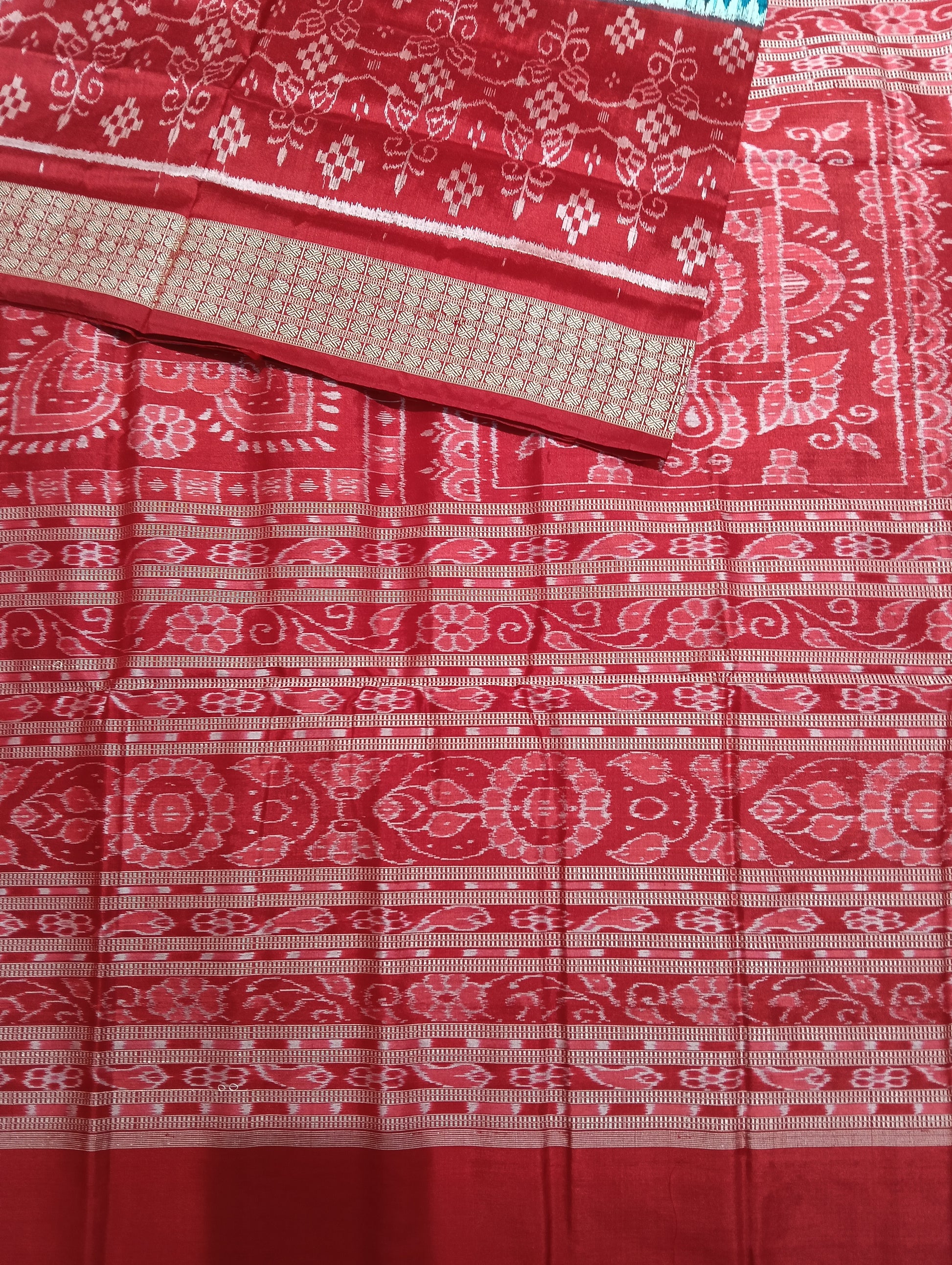 Sea blue red sambalpuri silk saree (3775) - Tilottama