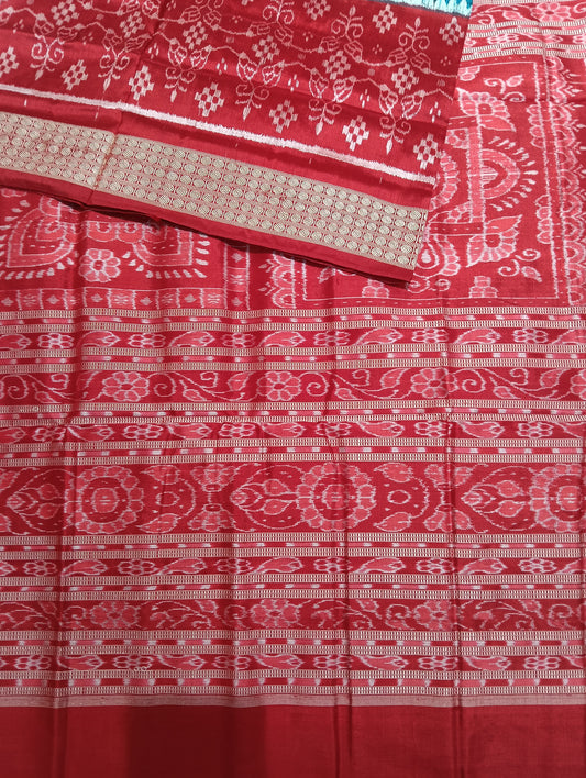 Sea blue red sambalpuri silk saree (3775) - Tilottama