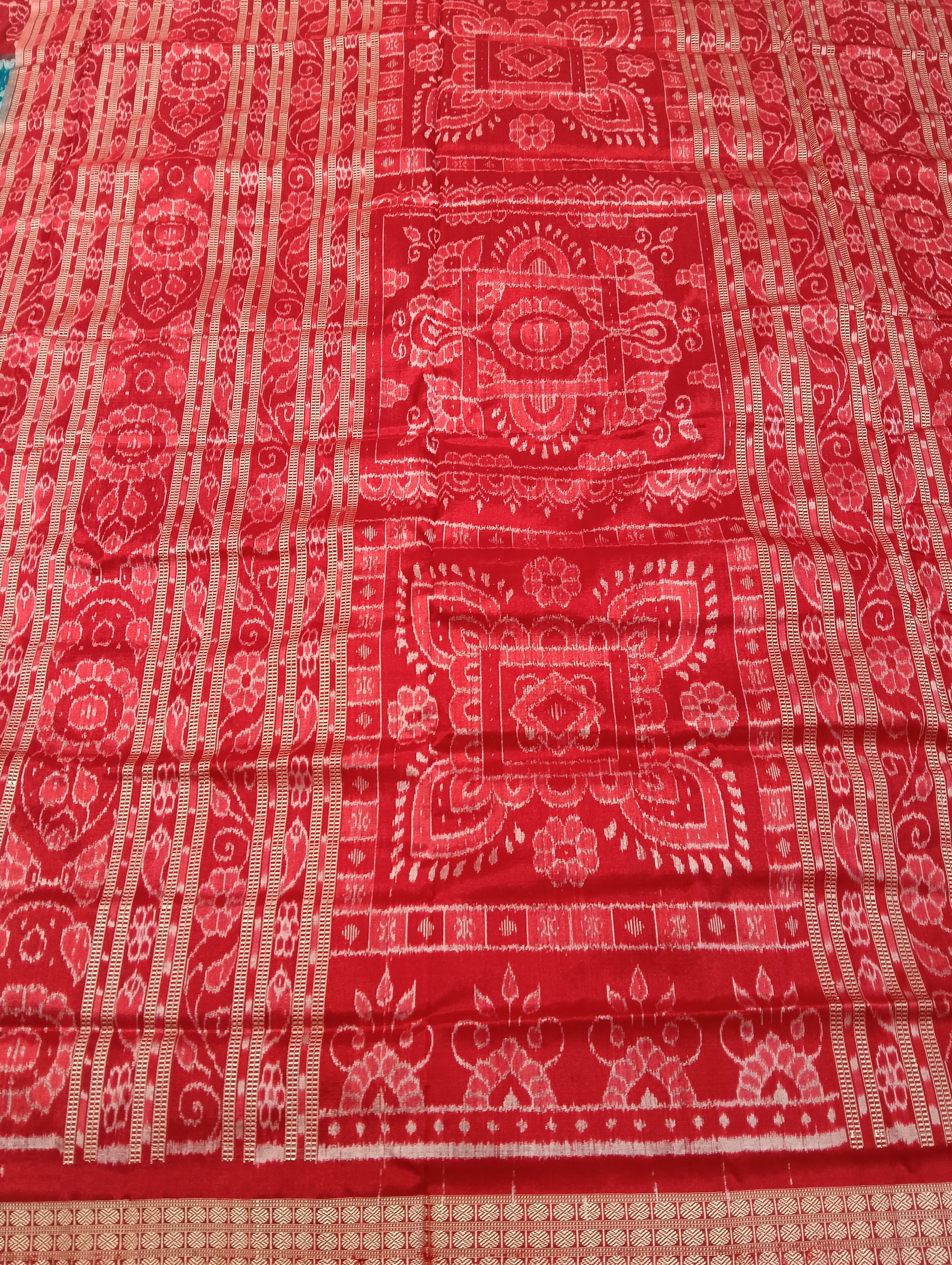 Sea blue red sambalpuri silk saree (3775) - Tilottama