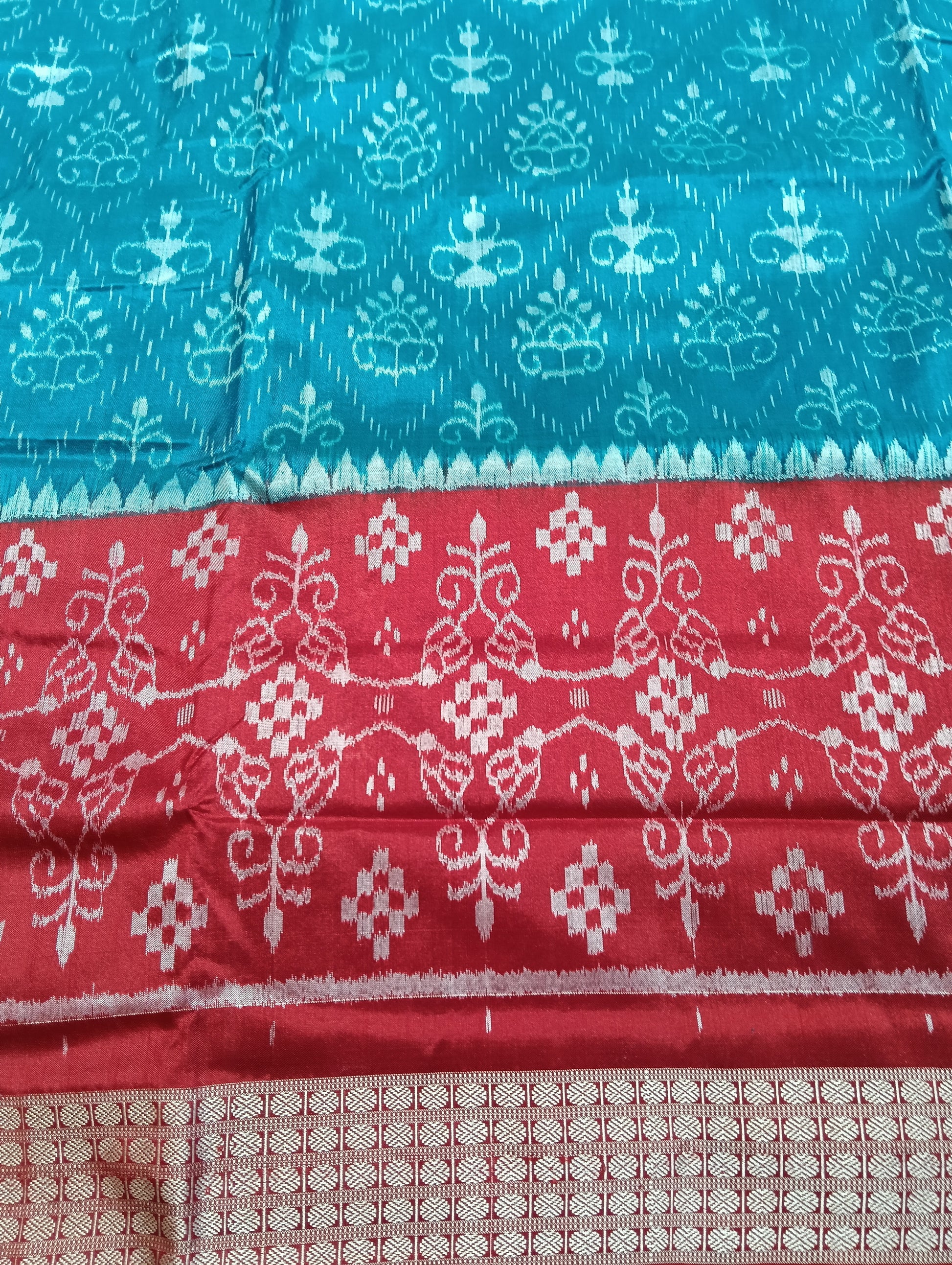 Sea blue red sambalpuri silk saree (3775) - Tilottama