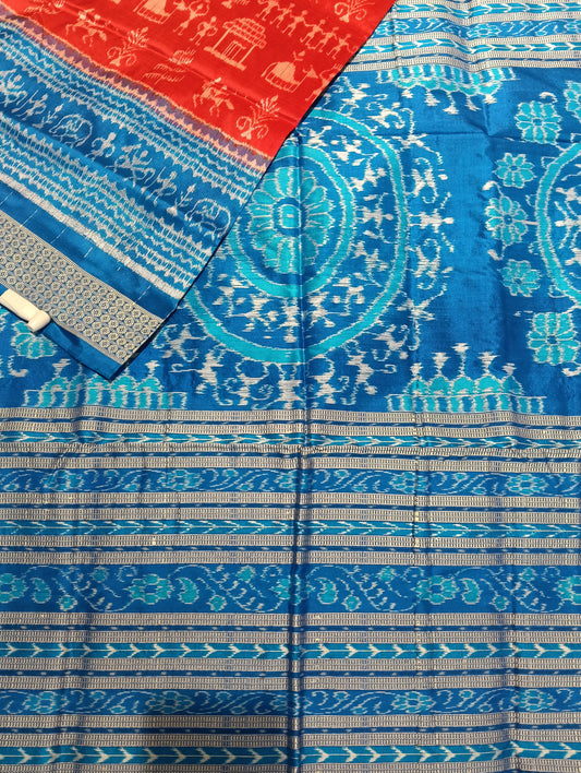 Tort blue red sambalpuri silk saree (2565) - Tilottama