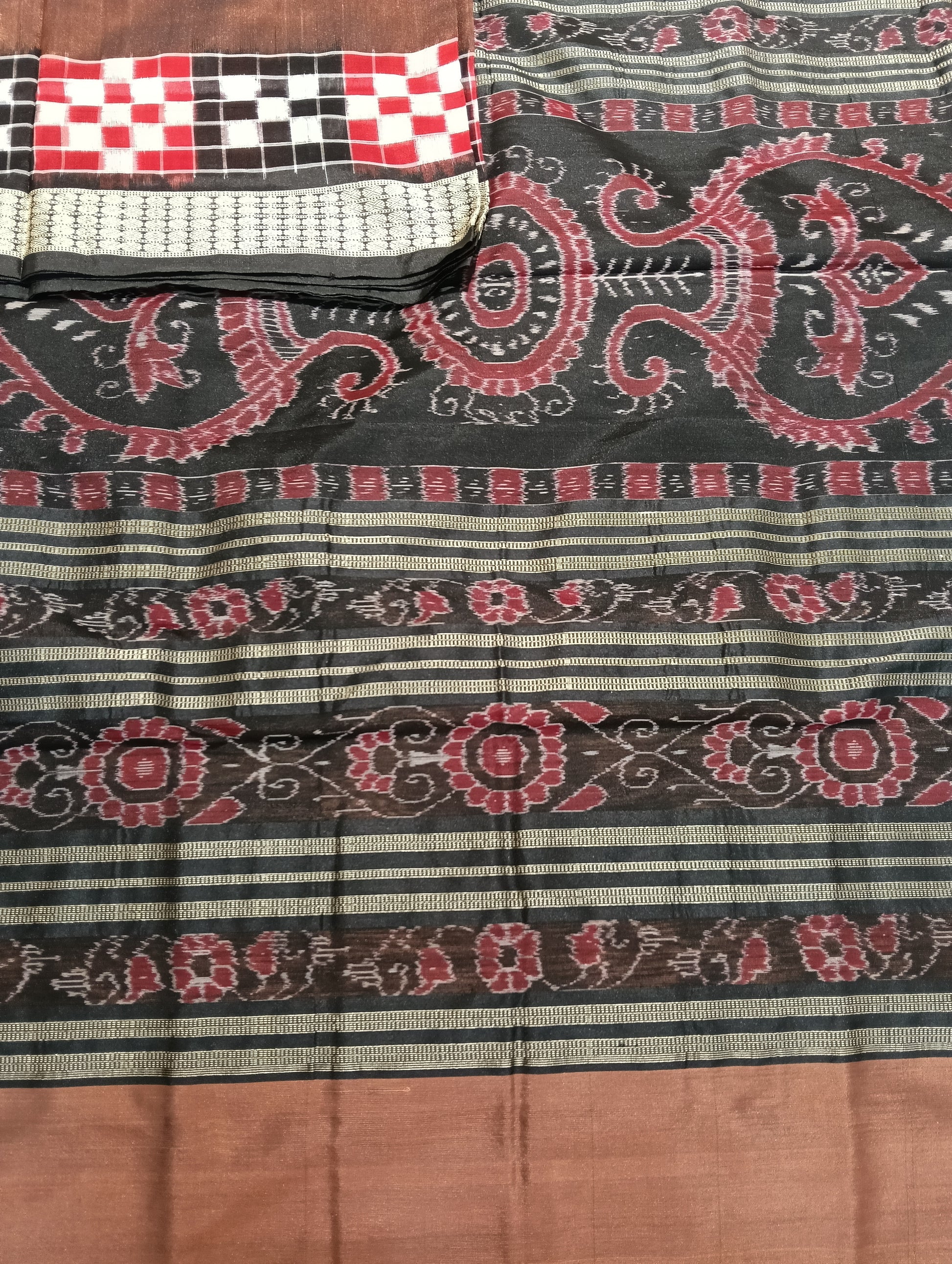 Earth black red white sapta sambalpuri silk saree (2596) - Tilottama