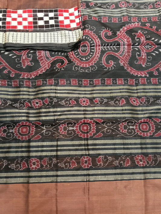 Earth black red white sapta sambalpuri silk saree (2596) - Tilottama
