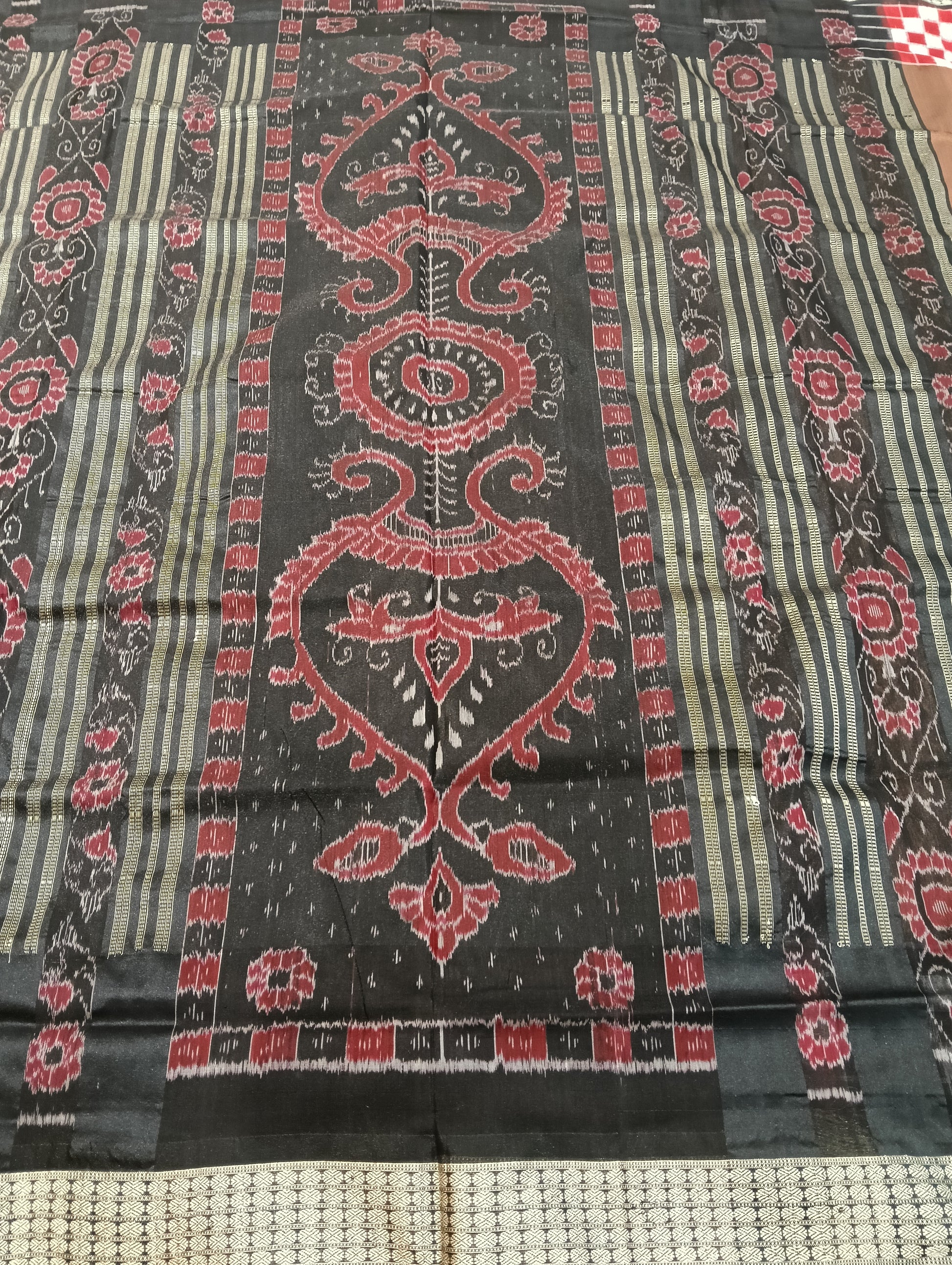 Earth black red white sapta sambalpuri silk saree (2596) - Tilottama