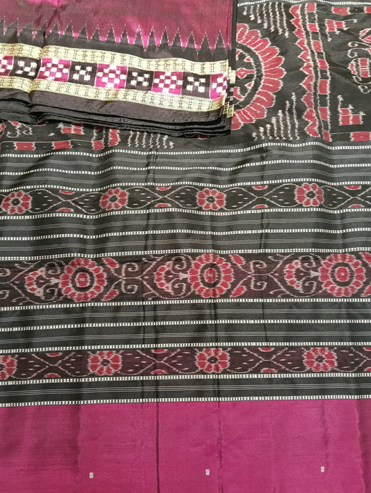 Rani Pink and black sambalpuri silk saree (4222) - Tilottama