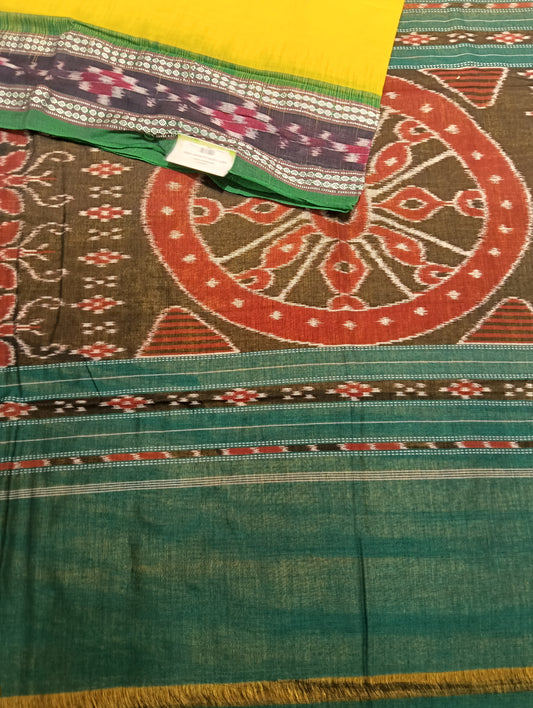 Yellow green cotton sambalpuri saree - Tilottama