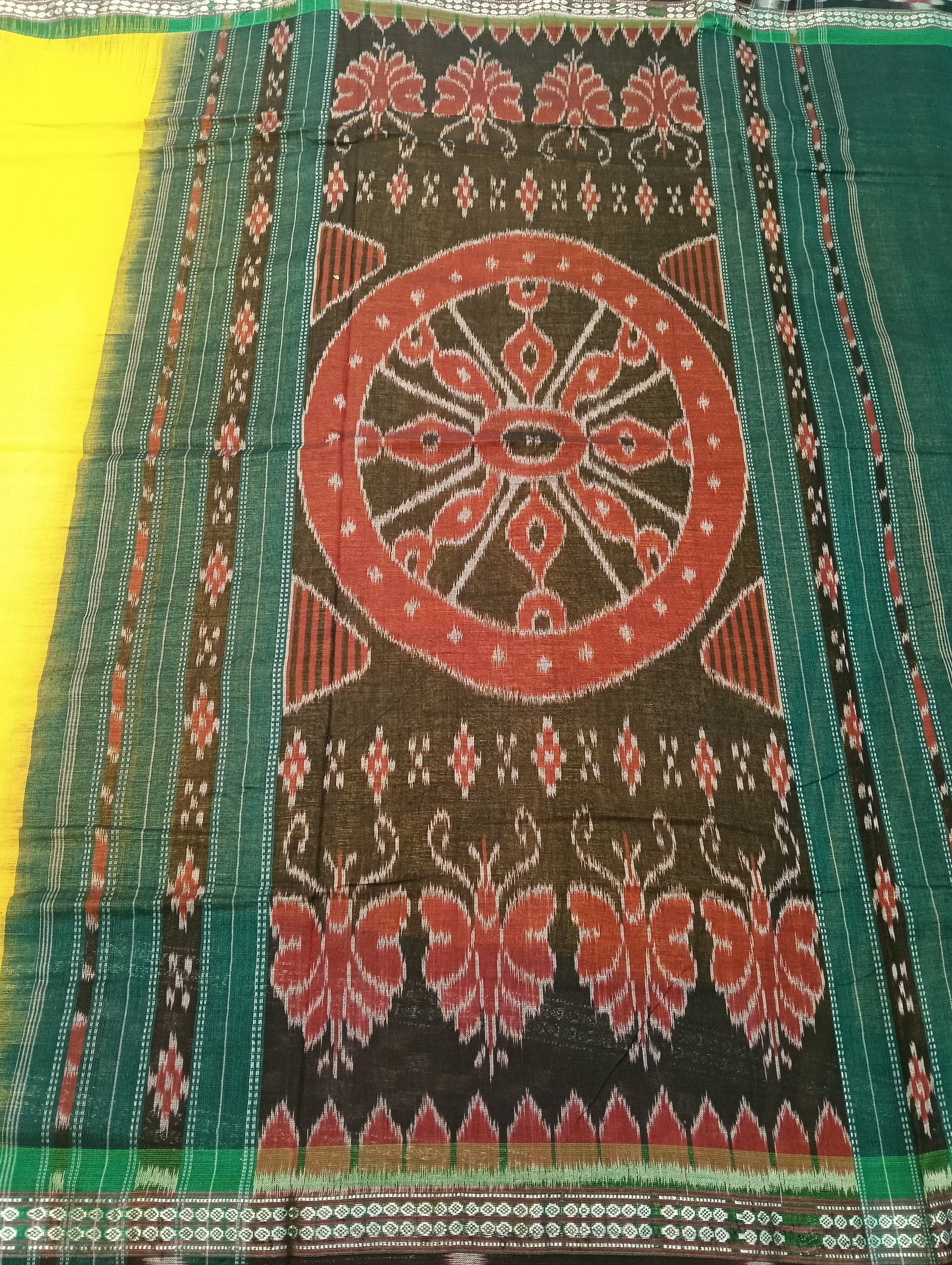 Yellow green cotton sambalpuri saree - Tilottama