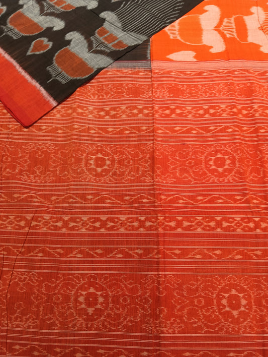 Orange black cotton sambalpuri saree (2038) - Tilottama