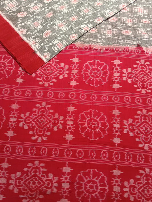 Stone red cotton sambalpuri plane border saree(2257) - Tilottama