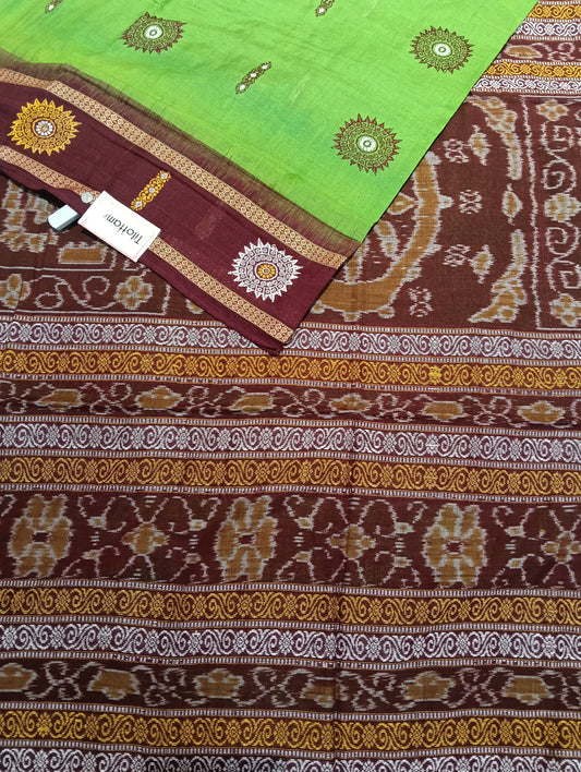 Lime marron cotton sambalpuri saree (4062) - Tilottama
