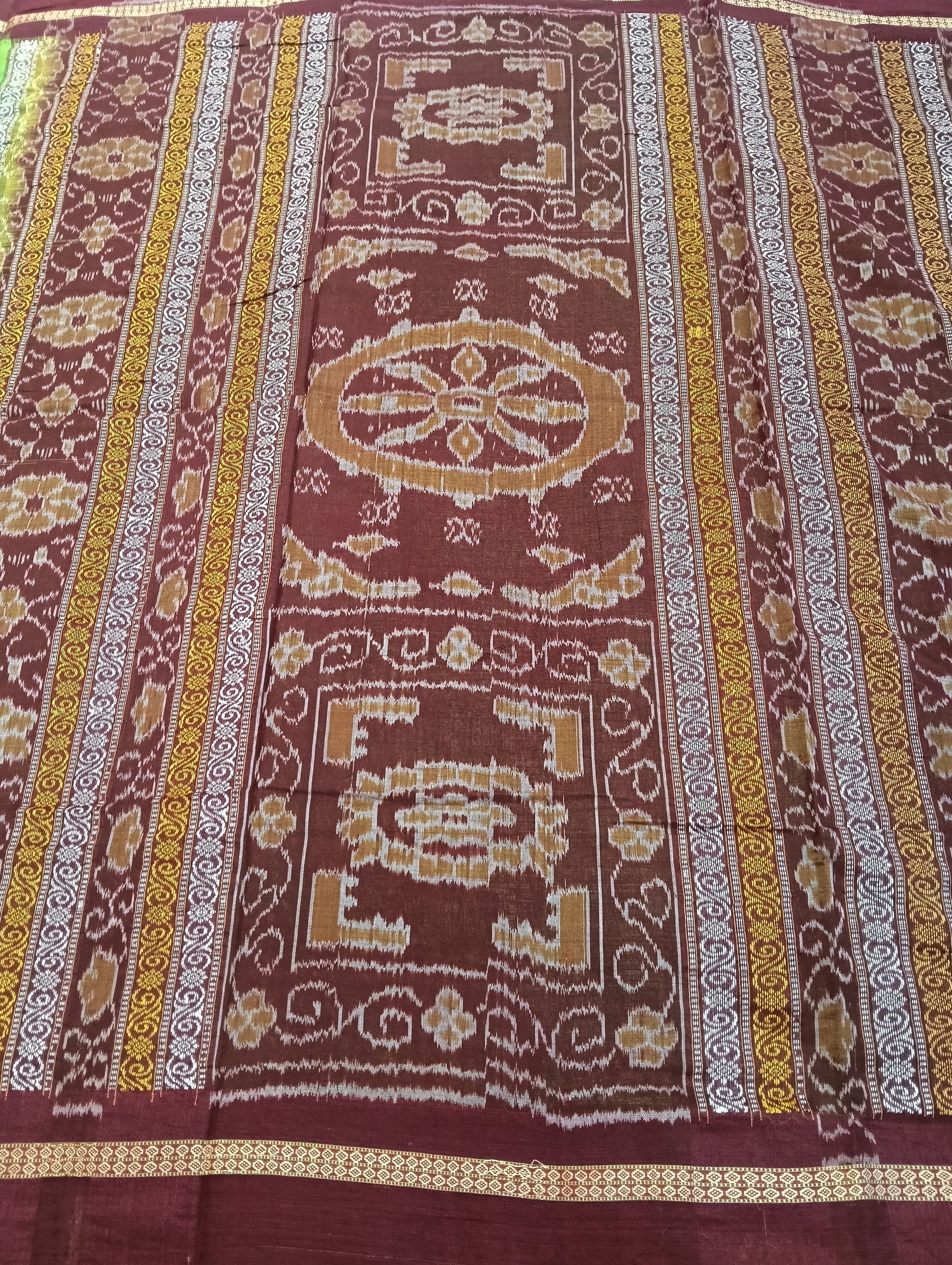 Lime marron cotton sambalpuri saree (4062) - Tilottama
