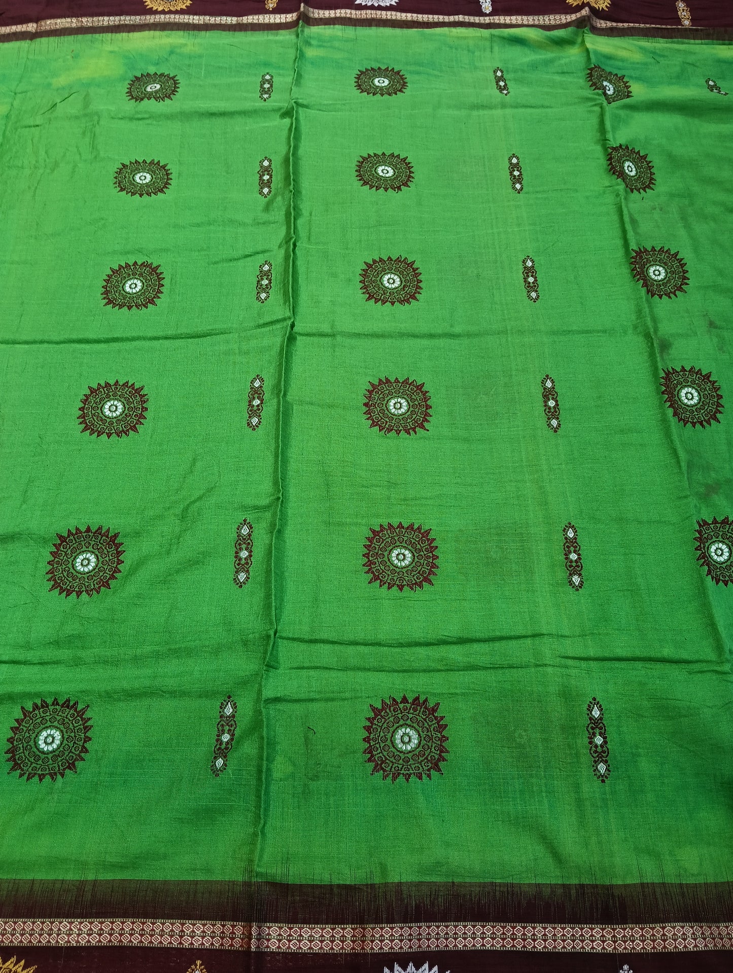Lime marron cotton sambalpuri saree (4062) - Tilottama
