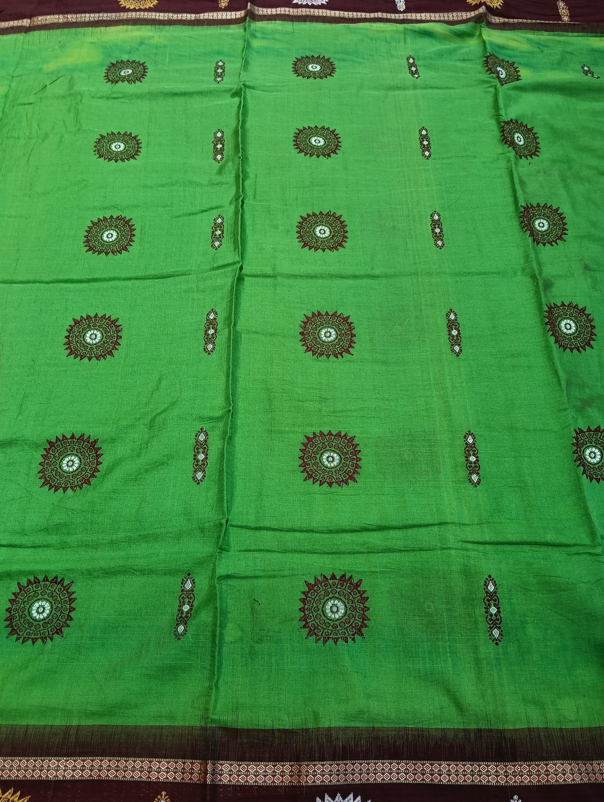 Lime marron cotton sambalpuri saree (4062) - Tilottama