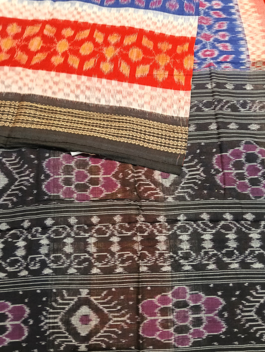 Orange blue black cotton sambalpuri saree (4052) - Tilottama