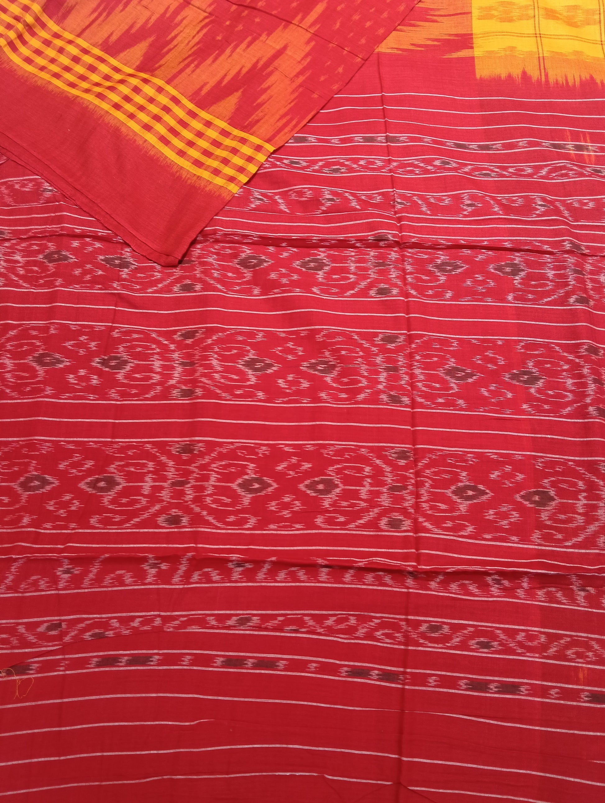 Yellow red cotton sambalpuri plain border saree (3076) - Tilottama