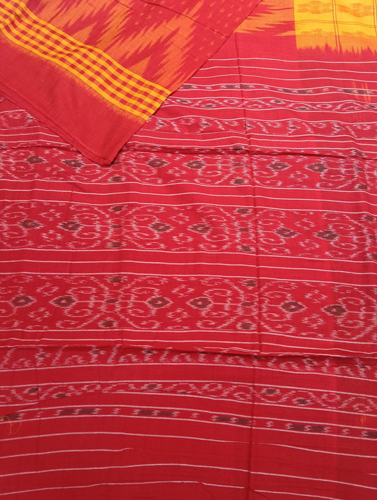 Yellow red cotton sambalpuri plain border saree (3076) - Tilottama