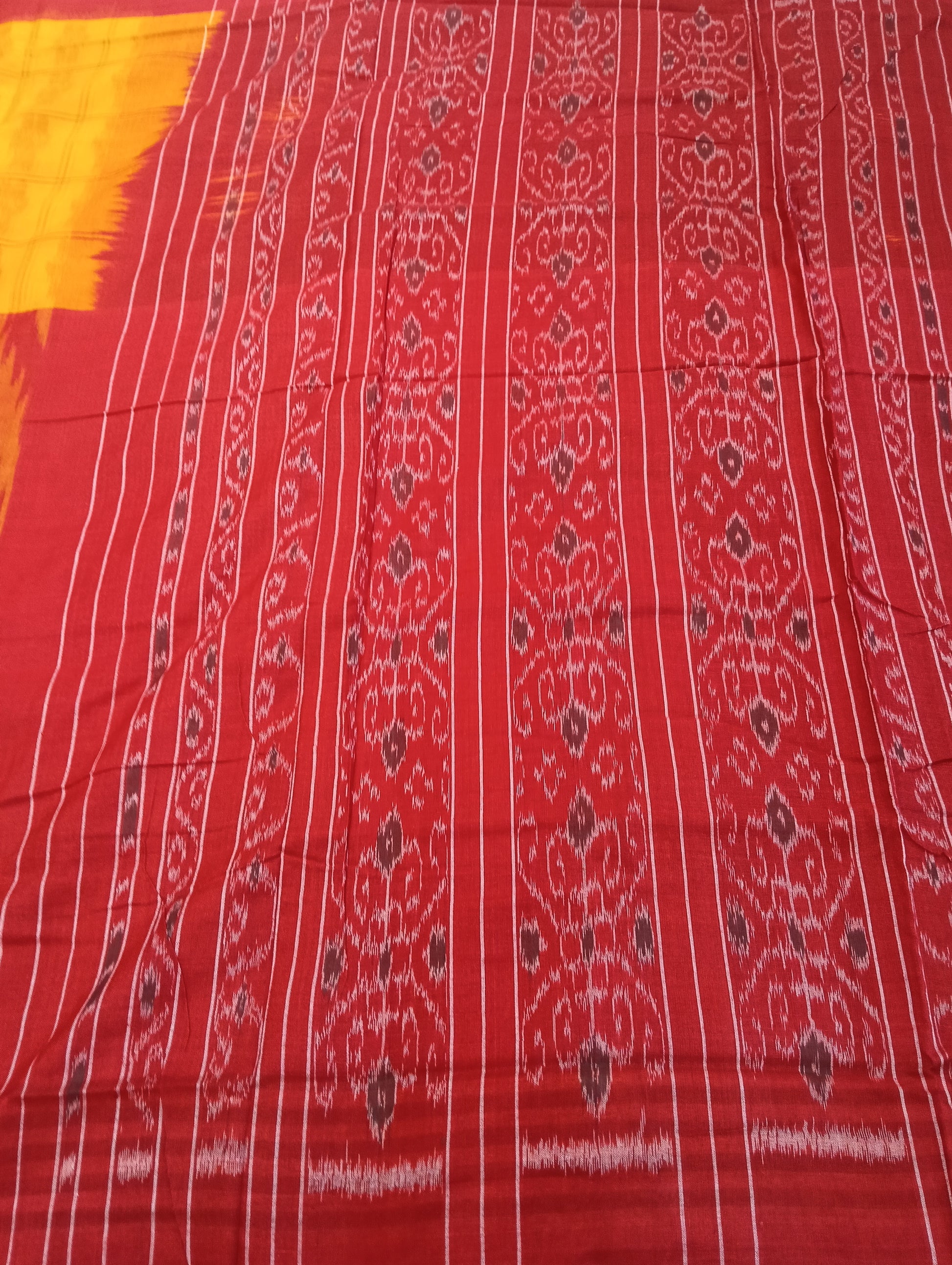 Yellow red cotton sambalpuri plain border saree (3076) - Tilottama