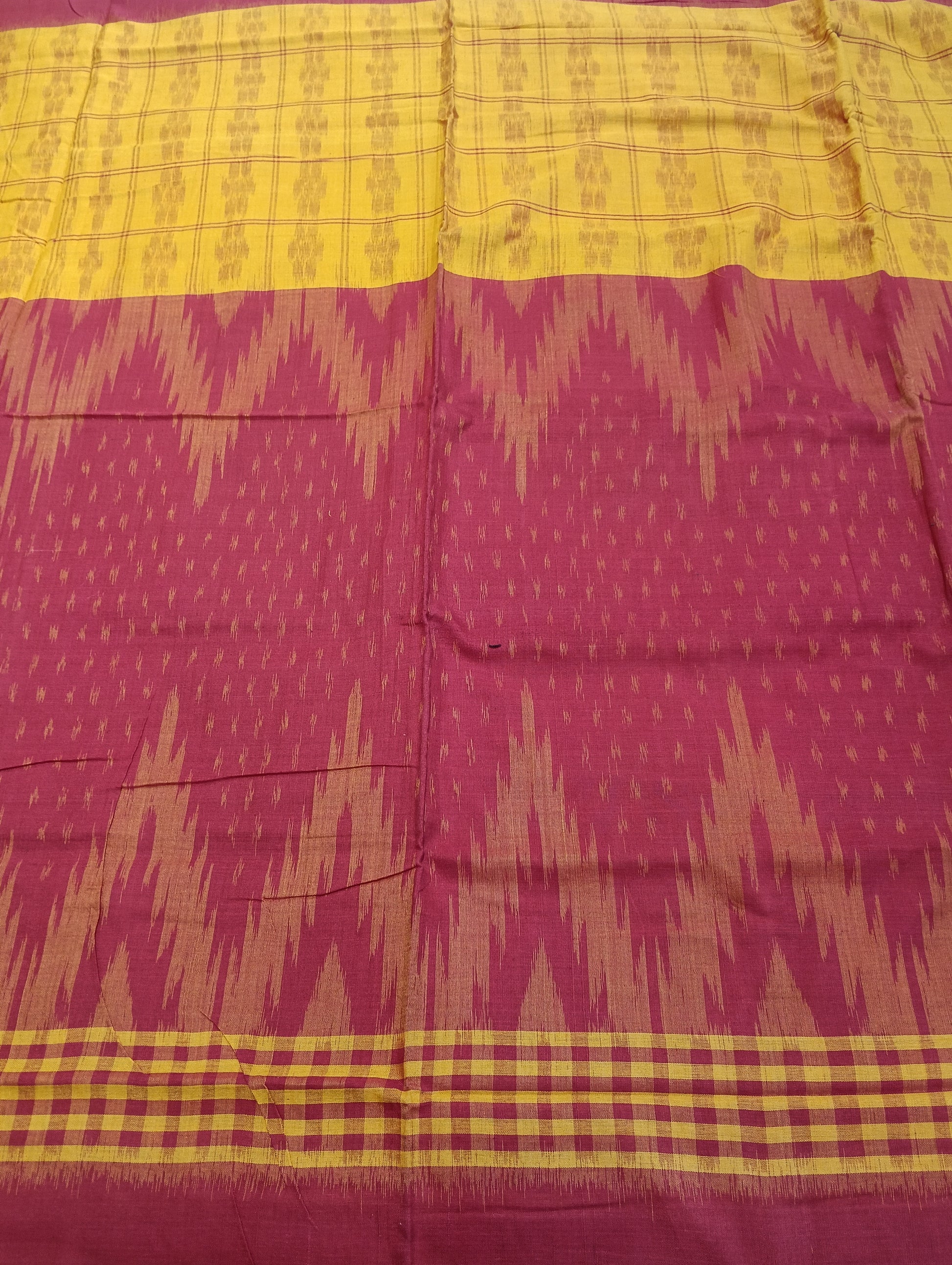 Yellow red cotton sambalpuri plain border saree (3076) - Tilottama